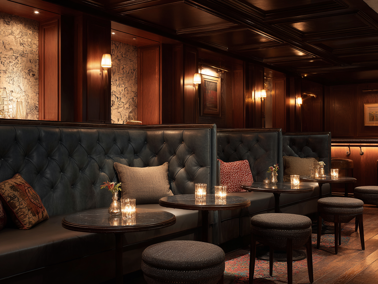 VIP lounge with upholstered banquettes and acoustic-friendly interior design